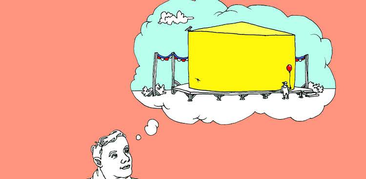 Illustration of a man thinking about a giant cheese