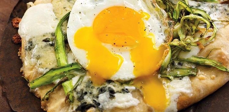 pizza with shaved asparagus, roquefort, and egg
