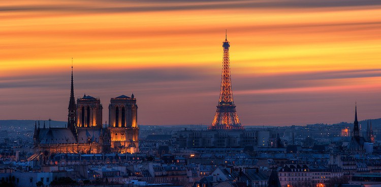 Paris skyline with the Eiffel Tower at sunset