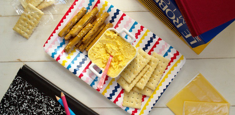 back to school snack of homemade snack cheese (commercially known as handisnacks) with pretzels and crackers