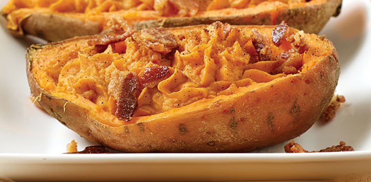 Twice-Baked Sweet Potatoes with Crème Fraîche and Crispy Bacon