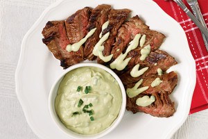 Skirt Steak with Avocado-Crème Fraîche Drizzle