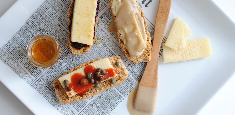 havarti cheese with tahini, capers and sriracha, and lingonberry jam