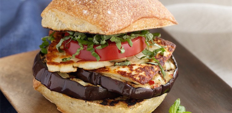 Spicy Halloumi, Eggplant, and Tomato Sandwich