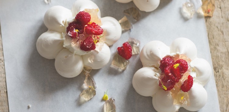 Pavlova “Flowers” with Apple Jelly, Raspberries, and Vanilla Labneh