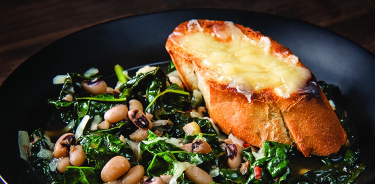 Smoky kale-and-bean stew with cheesy croutons
