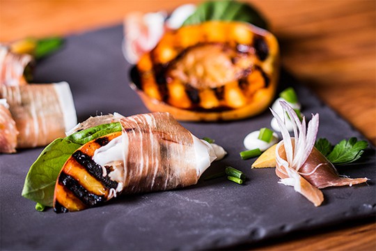 Grilled Peaches, Mozzarella & Proscuitto