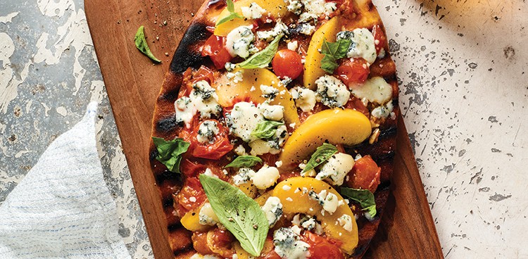 tomato-peach flatbreads with blue cheese and basil