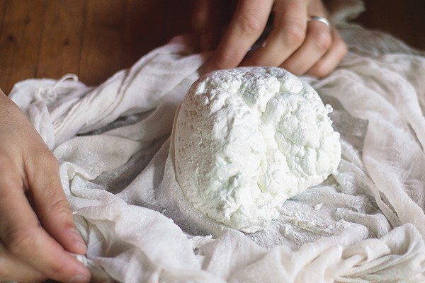 step 6: scrape curds out of muslin and season