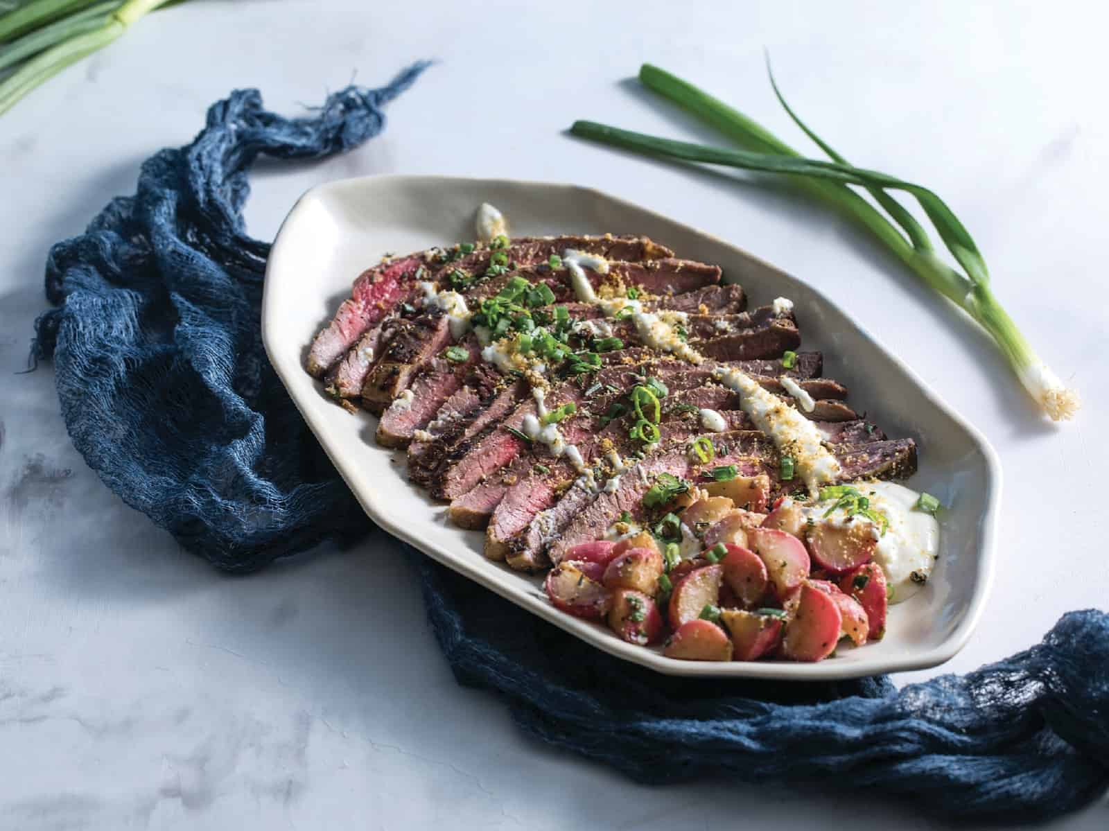 steak with burrata and radishes