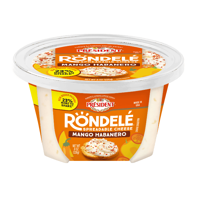 Tub of creamy, spreadable cheese.